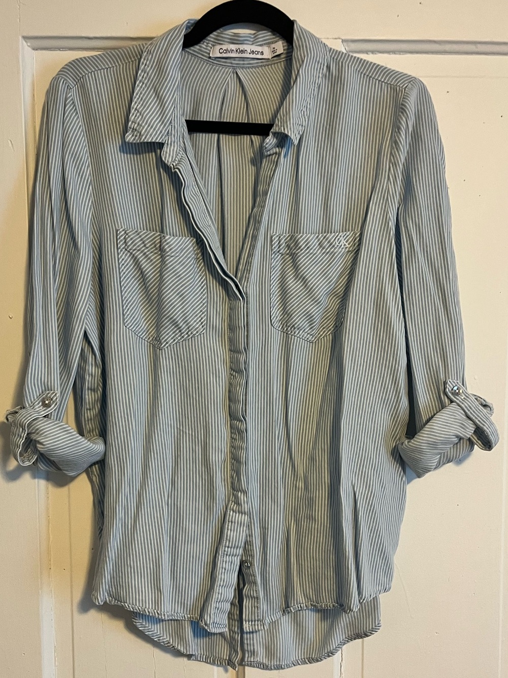 Calvin Klein Jeans Pale Blue Pinstripe Casual Button-Up